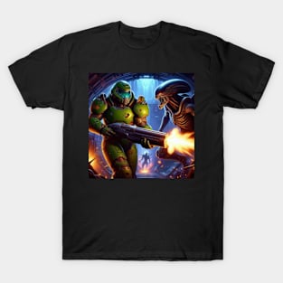 Doom Guy vs Xenomorphs T-Shirt